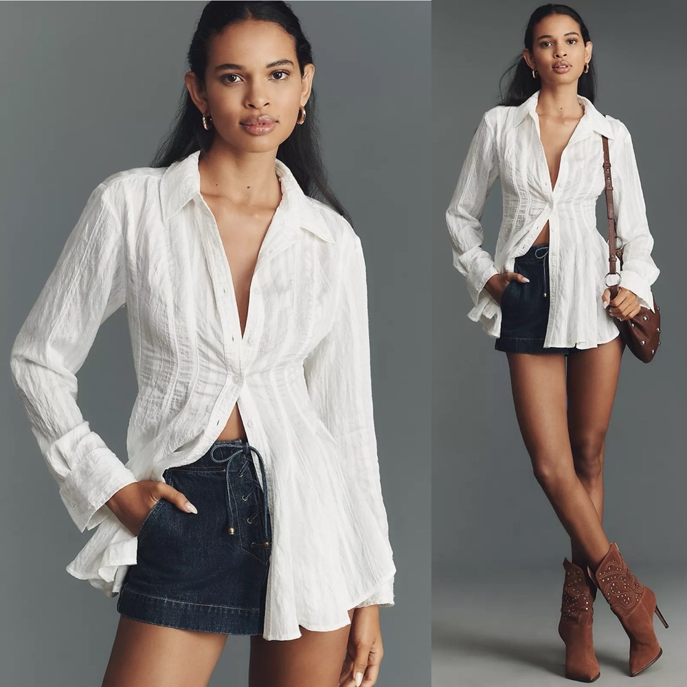 NWT Anthropologie Maeve Waisted Buttondown Tunic in Ivory Size XS